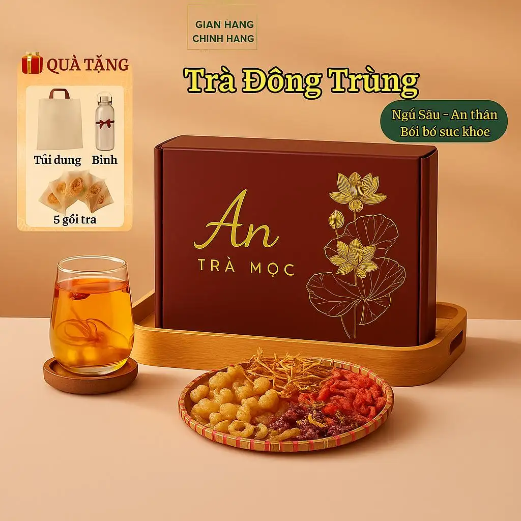 Trà Đông Trùng – An Trà Mộc | Trà Thảo Mộc Bồi Bổ Sức Khỏe, An Thần, Ngủ Ngon, Tăng Sức Đề Kháng (30 gói)