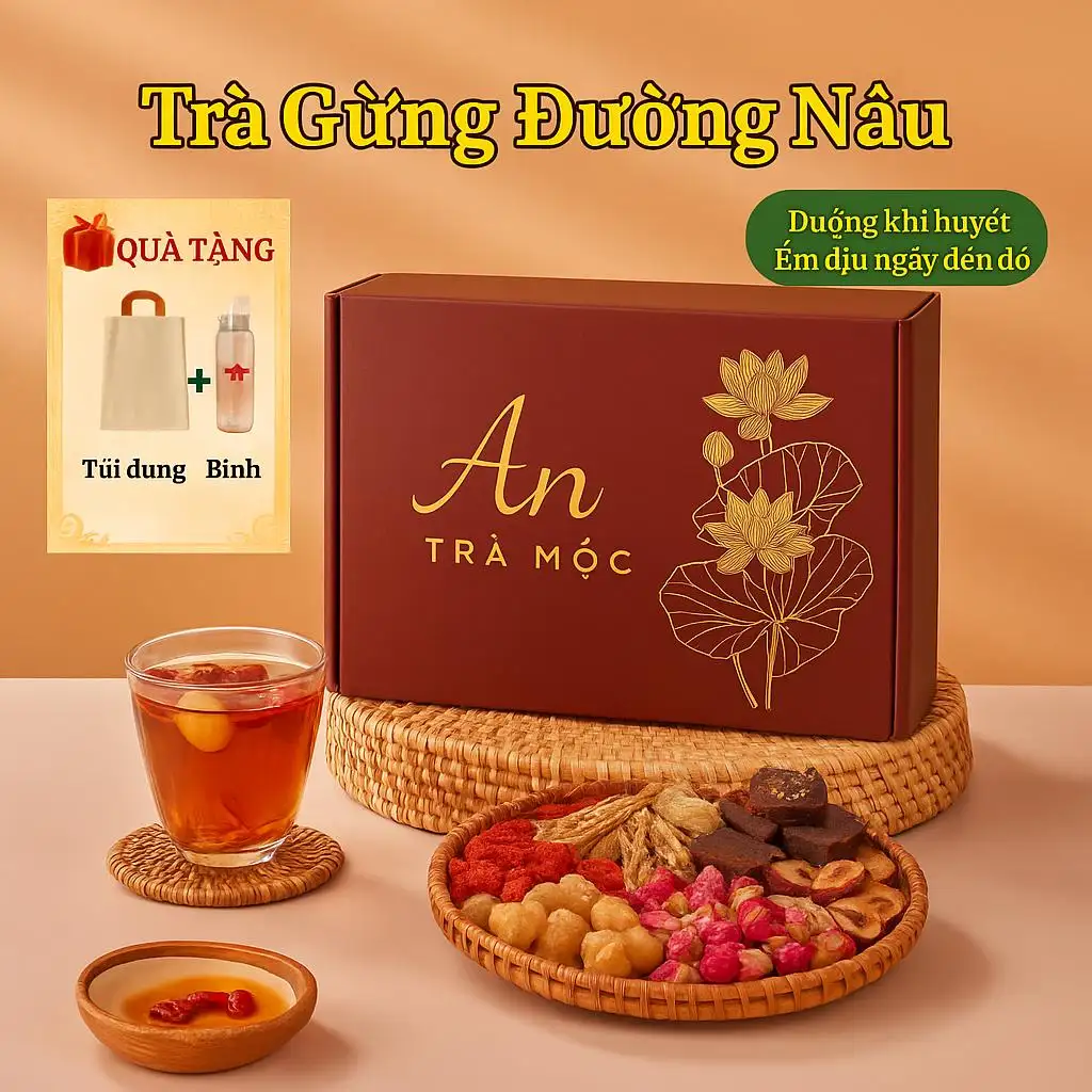 Trà gừng đường nâu - (Hộp 30 gói) ấm tử cung làm giảm đau bụng kinh, an thần - Thảo Mộc Quán